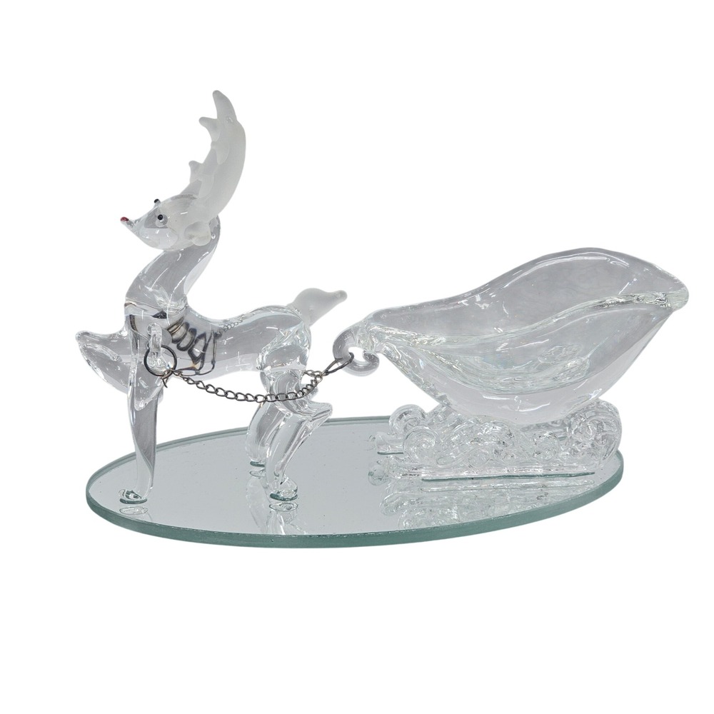 Pier 1 Imports Glass Reindeer Sleigh Figurine Christmas Decor Mirror Base Box